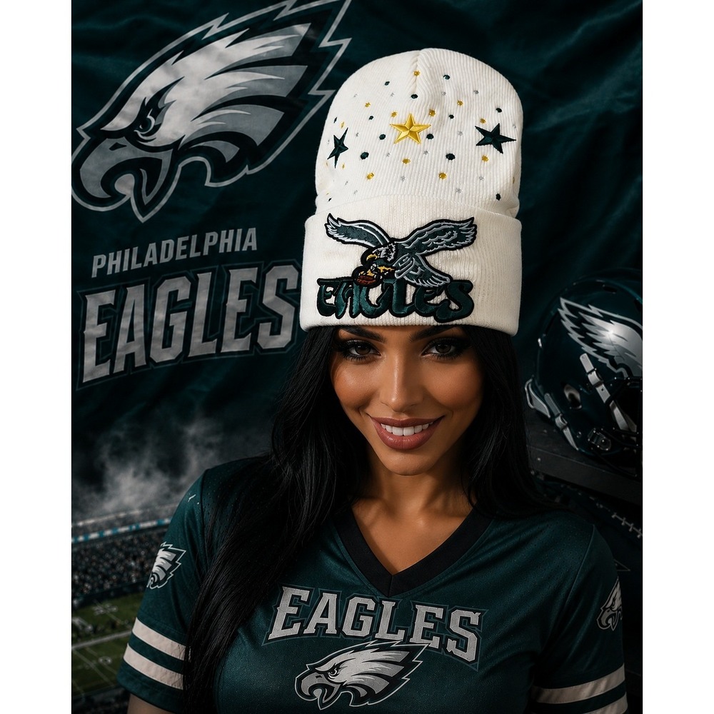 Philadelphia Eagles White Beanie Embroidered Stars Rhinestone Cuffed Knit Cap